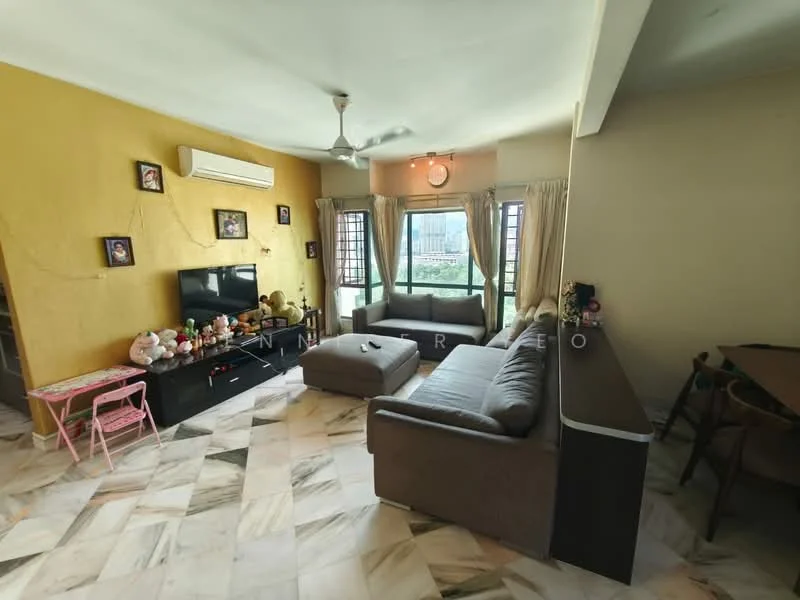 Living features: marble tile flooring, yellow painted walls, sofa in grey, coffee table, wall-mounted TV, TV console, ceiling fan, curtains, decorative wall frames, large windows, area rug; style: modern; view: city.