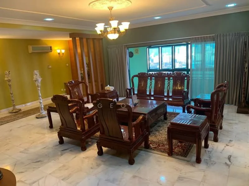 Living features: marble flooring, green painted walls, chandelier, 5-blade ceiling fan with light, large windows with sheer curtains, wooden coffee table, wooden armchairs, wooden side tables, decorative area rug, sculptural decor piece, wall-mounted air conditioning unit; style: traditional.