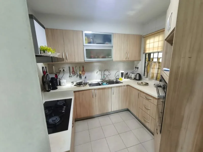 Kitchen features: light wood cabinetry, white countertop, stainless-steel sink, chrome pull-down faucet, built-in gas hob, built-in oven, microwave, kitchen utensils on wall rack, window with sheer curtains, tile flooring, wall-mounted shelves, dishwasher, decorative plants on countertop; style: modern.