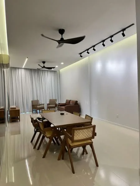 Living features: white painted walls, glossy tile flooring, 5-blade ceiling fan with light, recessed LED downlights, track lighting, large windows with sheer curtains, dining table with wooden chairs, sofa in brown leather, coffee table, decorative wall with lighting; style: modern.