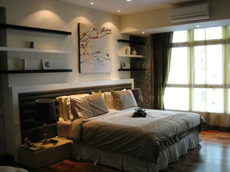 Bedroom features: king-size bed with upholstered headboard, bedding in neutral tones, two bedside lamps, decorative wall art, floating shelves, wooden flooring, floor-to-ceiling windows, sheer curtains, green curtains, wall-mounted air conditioning unit, accent wallpaper with floral pattern, decorative vase on shelf; style: modern; view: city.