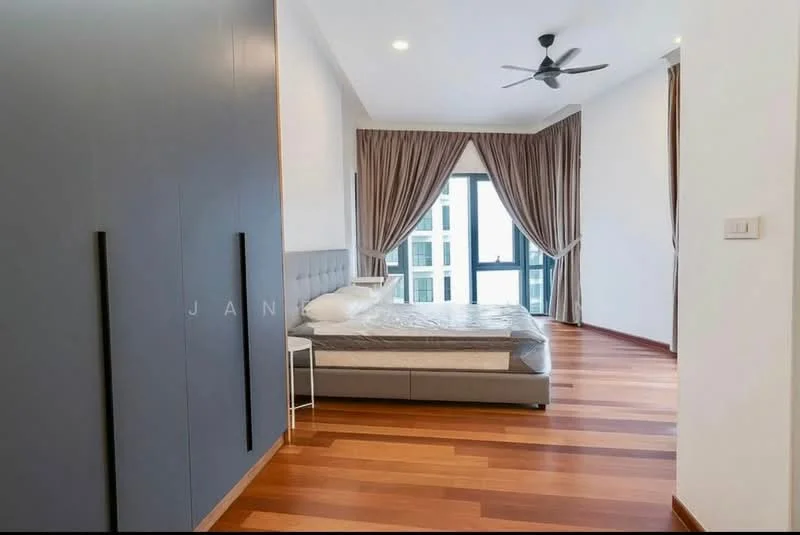 Bedroom features: wooden flooring, grey upholstered bed, floor-to-ceiling windows, sheer curtains, 5-blade ceiling fan, built-in wardrobe with grey finish, decorative wall paneling, neutral wall color; style: modern; view: city.
