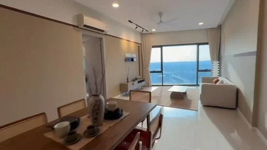 Living features: floor-to-ceiling windows, white painted walls, light-colored curtains, 5-blade ceiling fan with light, recessed downlights, cream area rug, L-shape sectional sofa in white, coffee table, TV console, wall-mounted TV, decorative vase on table, dining table with chairs; style: modern; view: city.