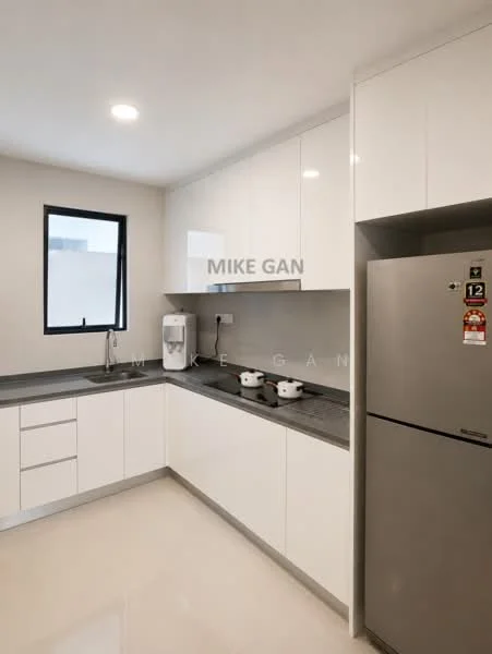 Kitchen features: white high-gloss cabinetry, grey countertop, stainless-steel fridge, single-bowl stainless-steel sink, chrome pull-down faucet, built-in water dispenser, ceramic tile flooring, recessed LED downlights, window with black frame, white wall tiles, two white ceramic pots; style: modern.