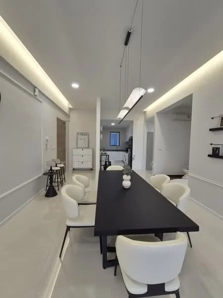 Dining features: black dining table, white upholstered dining chairs, pendant lighting fixture, recessed LED downlights, white painted walls, glossy tile flooring, open layout, decorative vase on table, wall-mounted shelving, large window with natural light; style: modern.