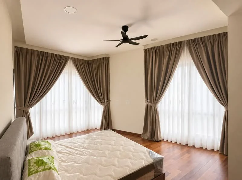 Bedroom features: queen-size bed, upholstered headboard, 5-blade ceiling fan, floor-to-ceiling windows, sheer curtains, heavy drapes, wooden flooring, decorative pillows with floral pattern, neutral painted walls; style: modern.