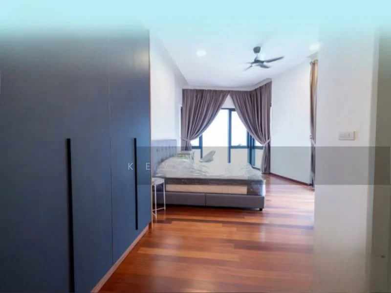 Bedroom features: queen-size bed, upholstered headboard, wooden flooring, floor-to-ceiling windows, sheer curtains, 5-blade ceiling fan, built-in wardrobe with sliding doors, decorative wall art; style: modern; view: city.