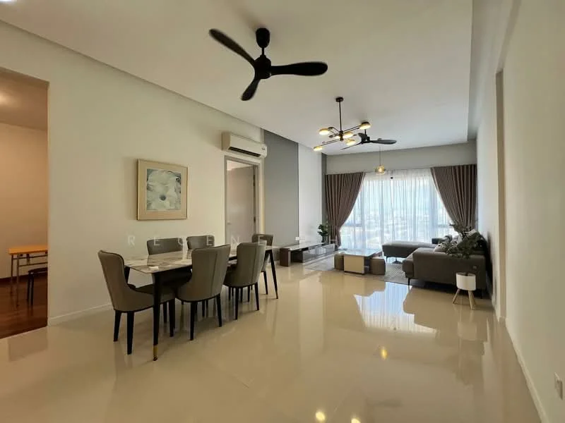 Living features: cream painted walls, glossy tile flooring, 5-blade ceiling fan with light, sofa in grey fabric, coffee table, TV console, wall-mounted TV, floor-to-ceiling windows with sheer curtains, decorative plants in pots, area rug with geometric pattern, dining table for 6 with upholstered chairs, recessed downlights; style: modern; view: city.