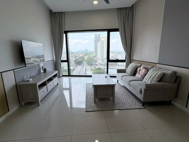 Living features: floor-to-ceiling windows, grey fabric sofa, coffee table, TV console, wall-mounted TV, area rug, light-colored walls, recessed downlights, curtains, polished tile flooring; style: modern; view: city.