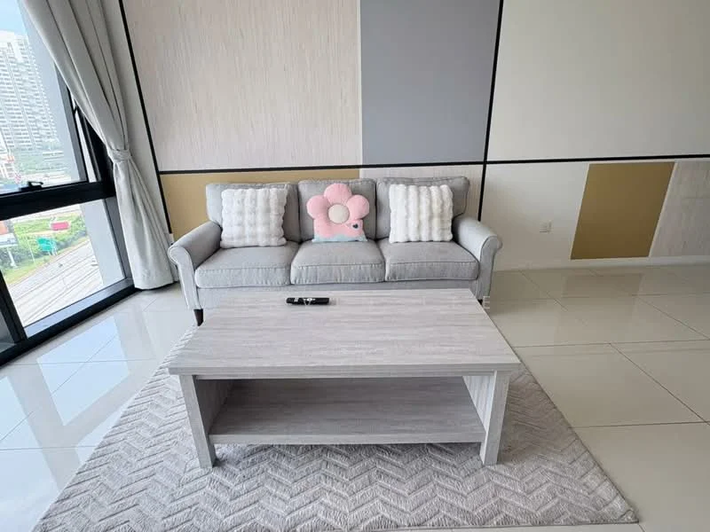 Living features: 3-seater fabric sofa in light grey, decorative pillows, light wood coffee table, area rug with geometric pattern, floor-to-ceiling windows, curtains, white painted walls, grey accent wall, tile flooring, city view; style: modern; view: city.