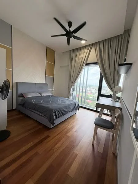 Bedroom features: king-size bed with grey bedding, upholstered headboard, wooden flooring, 5-blade ceiling fan with light, floor-to-ceiling window, sheer curtains, study desk with chair, decorative wall paneling, wall-mounted artwork, built-in wardrobe; style: modern; view: city.