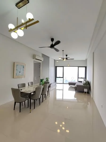 Living features: white painted walls, polished ceramic tile flooring, 5-blade ceiling fan with light, 5-blade ceiling fan, floor-to-ceiling windows, grey fabric sofa, dining table for 6 with upholstered chairs, air conditioning unit, decorative plant, artwork on wall, natural light from windows; style: modern; view: city.