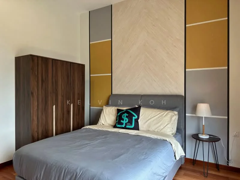 Bedroom features: king-size bed with grey bedding, upholstered headboard, wooden wardrobe with sliding doors, nightstand with lamp, decorative pillow with dollar sign, wooden flooring, accent wall with geometric design in yellow and grey, plain white walls; style: modern.