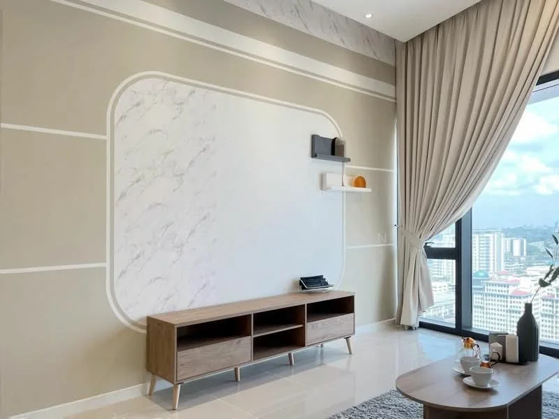 Living features: light beige painted walls, white marble accent wall, wooden TV console with open shelving, floor-to-ceiling windows, sheer curtains, polished tile flooring, decorative wall trim, city view; style: modern; view: city.