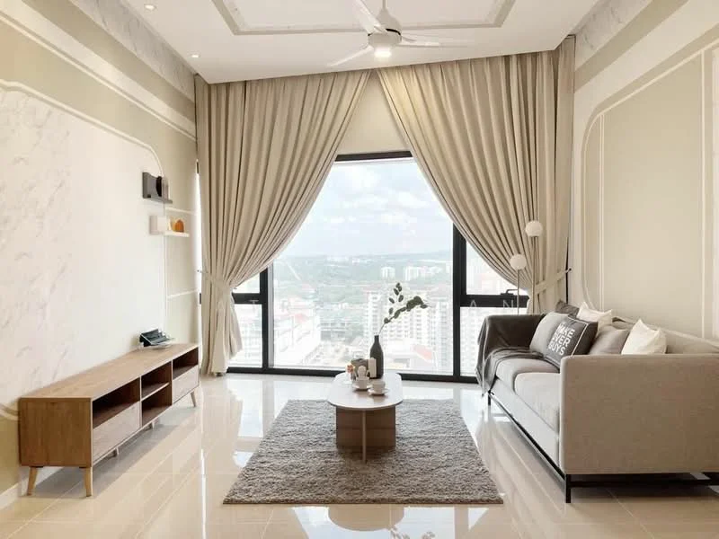 Living features: floor-to-ceiling windows, cream painted walls, marble accent wall, recessed downlights, 5-blade ceiling fan with light, light beige fabric sofa, decorative cushions, wooden TV console, round coffee table, area rug with geometric pattern, curtains, decorative floor lamp; style: modern; view: city.