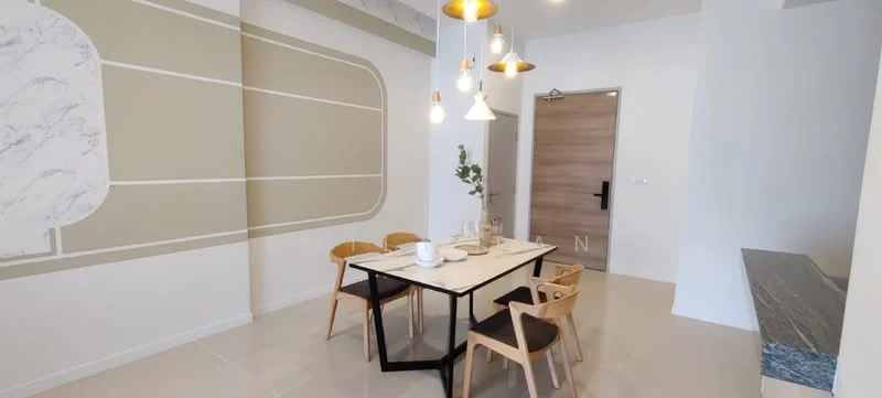 Dining features: rectangular dining table with marble top, 4 wooden dining chairs, pendant lighting with multiple bulbs, decorative wall with abstract design, light-colored walls, neutral tile flooring, built-in bench with stone surface, door with black handle; style: modern.