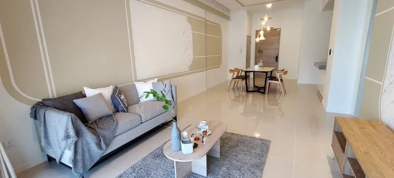 Living features: grey fabric sofa, wood coffee table, area rug with geometric pattern, wall-mounted TV, light wood TV console, pendant lighting, dining table with four chairs, cream painted walls, glossy tile flooring, decorative wall paneling, decorative vases, houseplants in ceramic pots; style: modern.