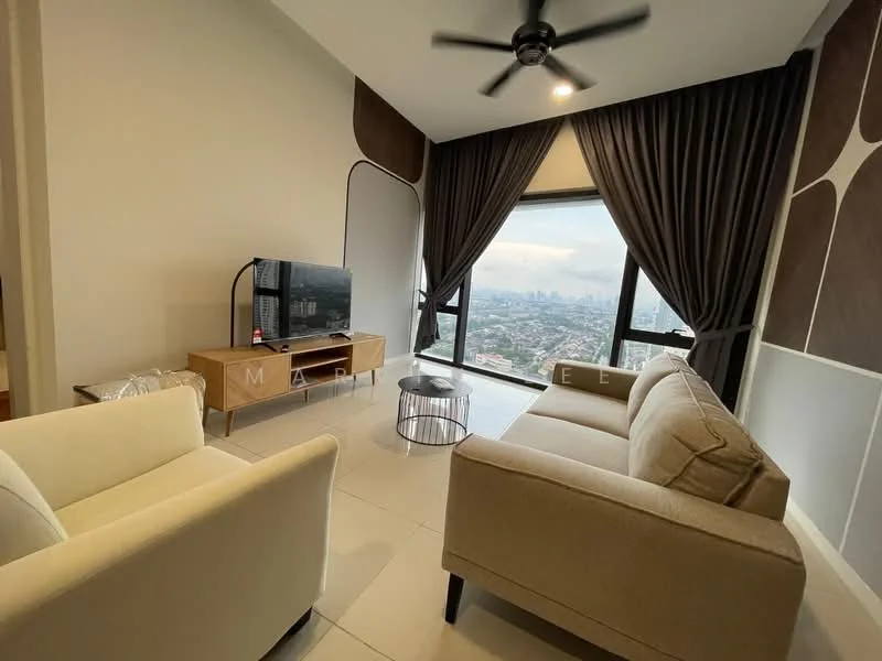 Living features: floor-to-ceiling windows, city view, 3-seater fabric sofa in beige, 2-seater fabric sofa in white, coffee table, TV console, wall-mounted TV, ceiling fan with light, curtains, light-colored tiled flooring, decorative wall with geometric pattern, neutral wall color; style: modern; view: city.