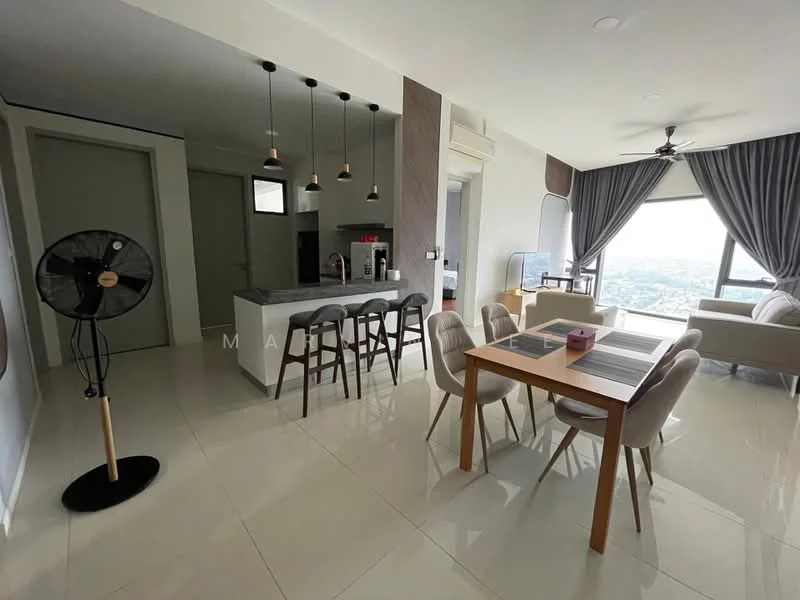 Living features: floor-to-ceiling windows, grey curtains, 3-seater fabric sofa in light color, coffee table, TV console, wall-mounted TV, area rug, ceiling fan with light, marble tile flooring, decorative wall, open layout to dining area; style: modern; view: city. Dining features: 6-seater dining table, upholstered dining chairs, decorative centerpiece, marble tile flooring; style: modern; view: city. Kitchen features: kitchen island with seating, stainless-steel appliances, built-in oven, stainless-steel range hood, grey cabinetry, marble countertop, double-bowl stainless-steel sink, chrome pull-down faucet; style: modern; view: city.