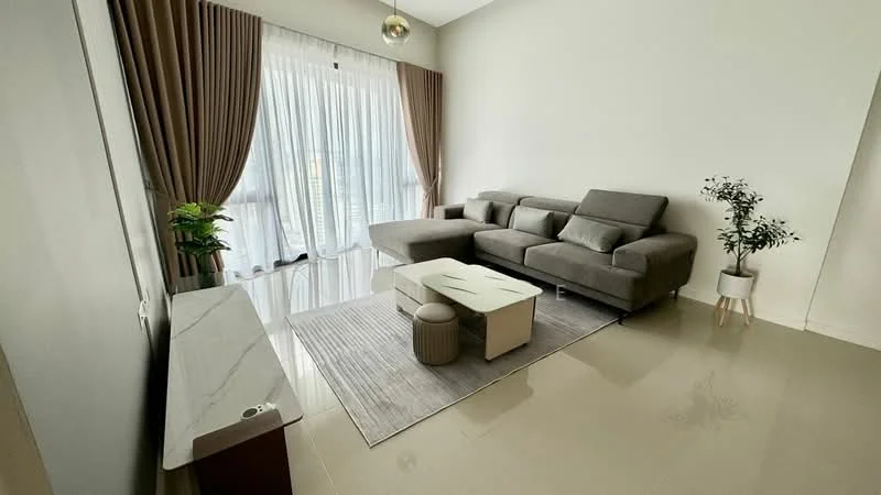 Living features: grey fabric sectional sofa, white marble coffee table, beige area rug, floor-to-ceiling windows, sheer curtains, dark brown curtains, decorative plant in pot, TV console, polished tile flooring, pendant light fixture; style: modern; view: city.