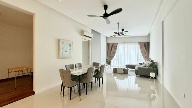 Dining features: 6-seater dining table with marble top, upholstered dining chairs, pendant light, wall-mounted air conditioning unit, white painted walls, polished tile flooring; style: modern. Living features: L-shape sectional sofa in grey, coffee table, floor-to-ceiling windows, curtains, ceiling fan with light, white painted walls, polished tile flooring; style: modern.