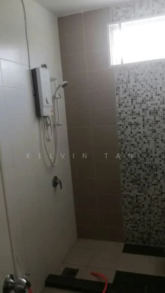Bathroom features: shower with glass enclosure, wall-mounted shower head, mosaic tile shower wall, cream ceramic tile walls, white ceramic tile flooring, window for natural light, water heater unit, chrome faucet, drain on floor; style: modern.