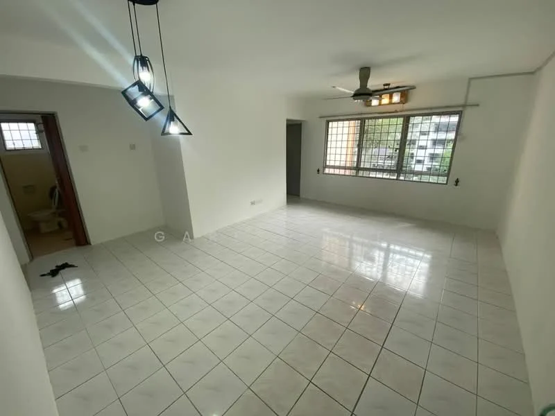 Living features: white painted walls, glossy white tile flooring, 5-blade ceiling fan with light, track lighting with three fixtures, large windows with grid pattern, no visible furniture, open layout, neutral color scheme; style: modern.