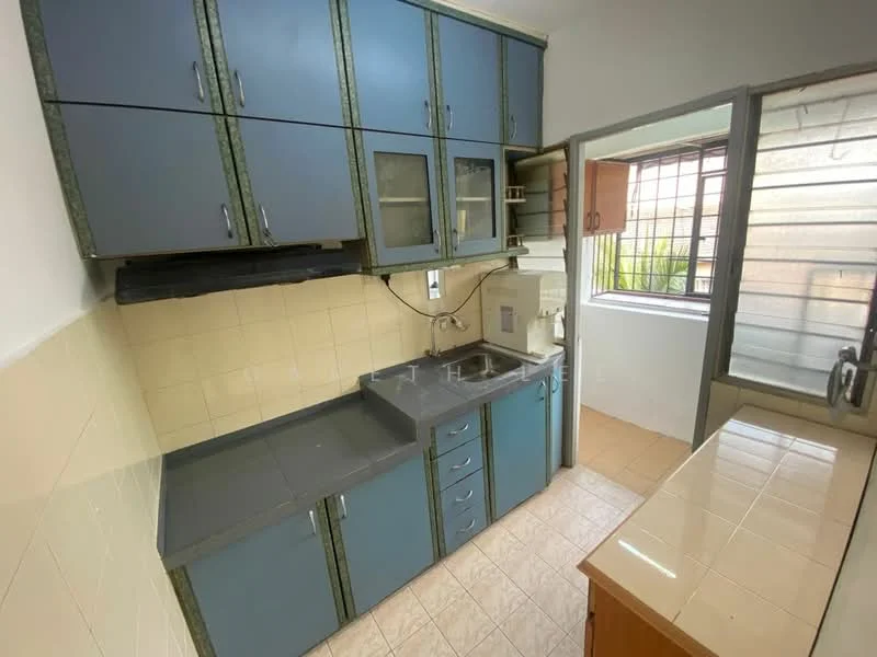Kitchen features: blue cabinetry with glass-front upper cabinets, grey countertop, single-bowl stainless-steel sink, chrome pull-down faucet, built-in wall-mounted oven, built-in refrigerator, tile backsplash, cream tiled walls, vinyl flooring, window with metal grille, natural light from window, space for additional appliances; style: modern; view: garden.