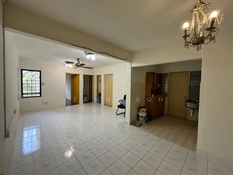 Living features: white painted walls, ceramic tile flooring, 5-blade ceiling fan, chandelier, floor-to-ceiling window, natural light, open layout, neutral color scheme. Kitchen features: wood cabinetry, sink, countertop, tile backsplash, stove, kitchen appliances visible.