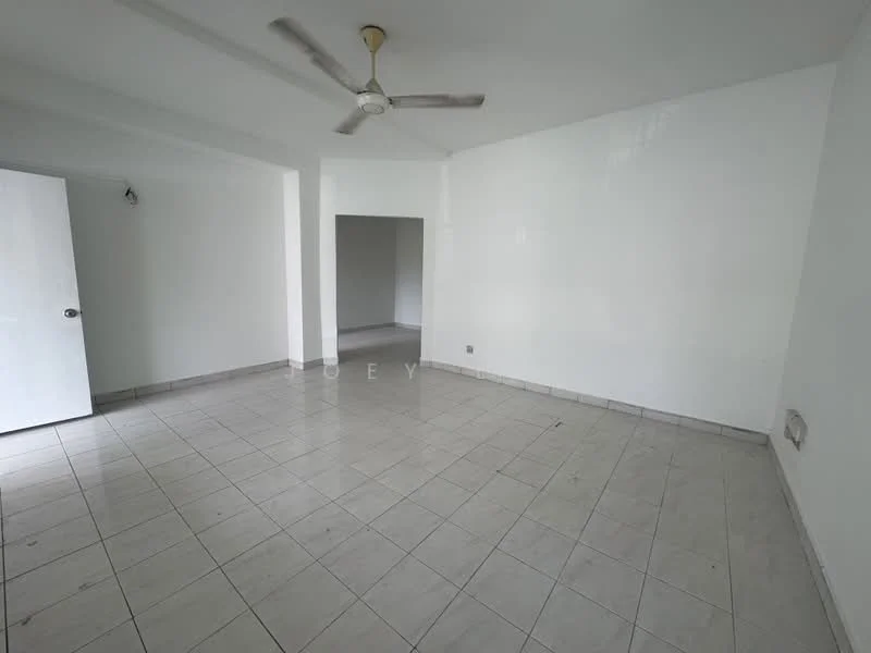 Living features: white painted walls, tile flooring, ceiling fan, single door, open layout, natural light from door, no visible furniture, neutral color scheme; style: minimalist.