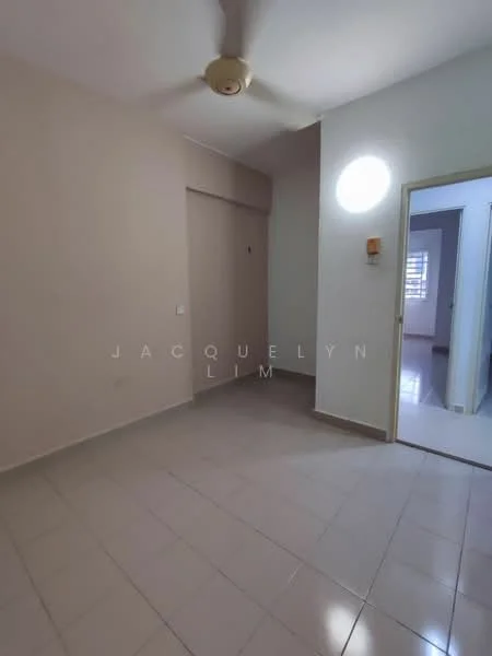 Room features: light beige painted walls, cream tiled flooring, ceiling fan, doorway leading to another room, window with natural light, light fixture on wall.