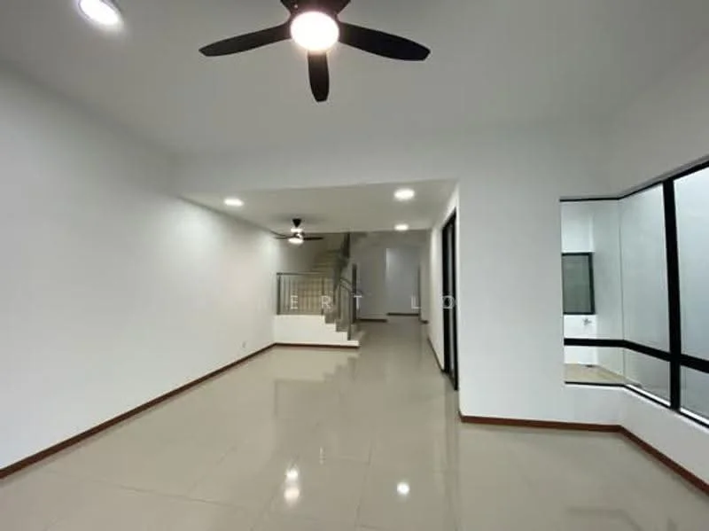 Living features: white painted walls, polished ceramic tile flooring, 5-blade ceiling fan with light, recessed LED downlights, staircase with railing, large windows, natural light, open layout; style: modern.