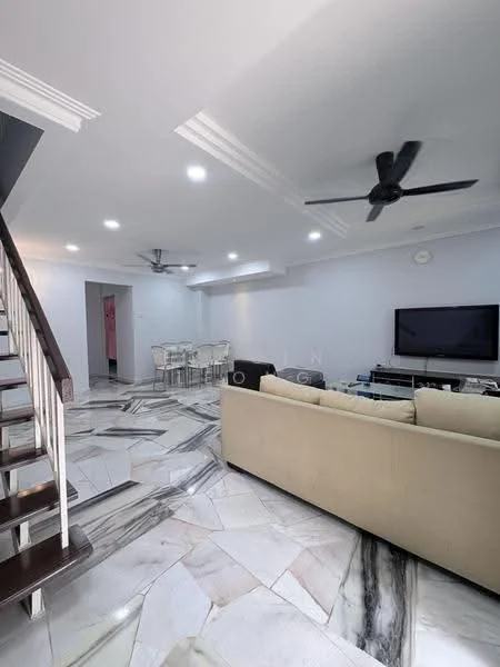 Living features: cream painted walls, marble tile flooring, tray ceiling, 2 ceiling fans, wall-mounted TV, sofa in beige, coffee table, entertainment unit, recessed LED downlights; style: modern. Dining features: 6-seater dining table, upholstered dining chairs; style: modern.