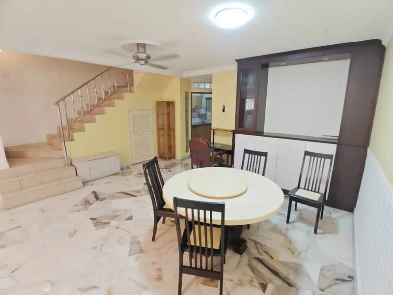 Dining features: round dining table, 4 dining chairs, marble flooring, yellow painted walls, ceiling fan, staircase leading to upper floor, built-in cabinetry, open layout to living area; style: modern.