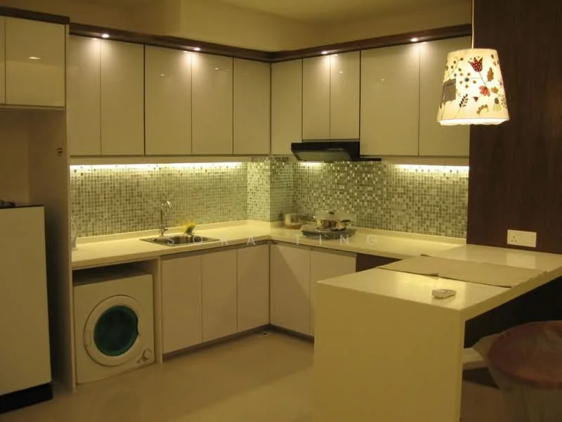Kitchen features: white cabinetry with flat-panel doors, grey mosaic tile backsplash, white countertop, single-bowl stainless-steel sink, chrome pull-down faucet, built-in stove with black range hood, integrated washing machine, recessed LED downlights, pendant lamp with floral design, open layout with breakfast bar; style: modern.