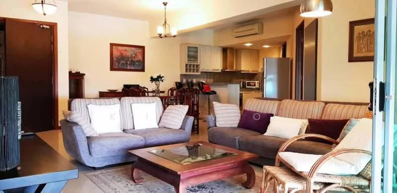 Living features: 2-seater fabric sofa in grey, 3-seater fabric sofa with striped pattern, wooden coffee table with glass top, TV console, wall-mounted TV, pendant lighting, recessed downlights, cream painted walls, tile flooring, open layout to dining area, decorative wall art, area rug with geometric pattern; style: contemporary. Dining features: 6-seater wooden dining table, upholstered dining chairs, sideboard cabinet, decorative vase, wall-mounted artwork; style: contemporary. Kitchen features: stainless-steel fridge, built-in oven, microwave, ceramic tile backsplash, granite countertop, wood cabinetry, kitchen island, 4-burner gas hob; style: contemporary.