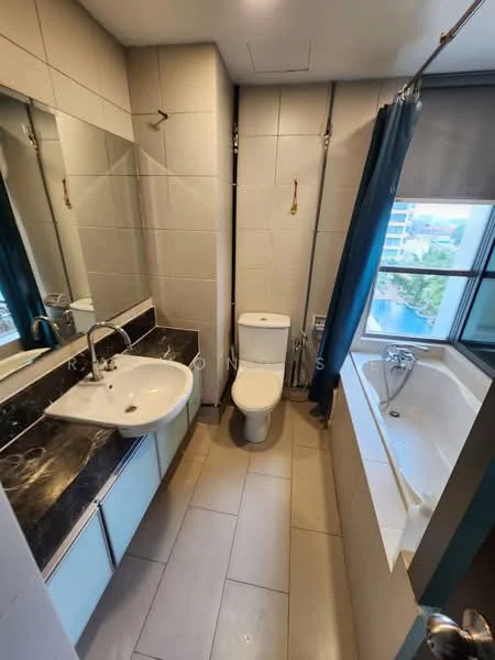 Bathroom features: single-sink vanity with dark marble countertop, white cabinet under sink, chrome basin mixer faucet, framed mirror above sink, one-piece toilet, built-in bathtub, shower with handheld showerhead, grey tiled walls, light grey tiled flooring, blue curtains on window, window with view of outside; style: modern; view: city.