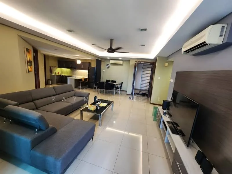 Living features: L-shape sectional sofa in grey, coffee table, wall-mounted TV, TV console, recessed LED downlights, 5-blade ceiling fan, sliding glass door, cream painted walls, tile flooring, air conditioning unit, decorative wall panel, open layout to kitchen, dining area visible; style: modern.