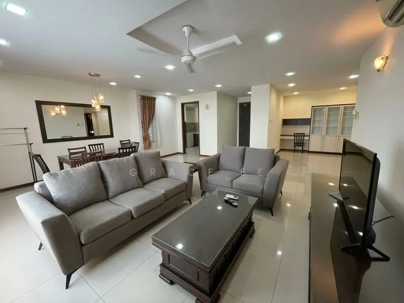 Living features: 3-seater fabric sofa in grey, 2-seater fabric sofa in grey, coffee table with dark wood finish, wall-mounted TV, TV console, recessed downlights, ceiling fan, cream painted walls, white tiled flooring, decorative wall sconce, large mirror, curtains in brown, dining area visible in background; style: modern.