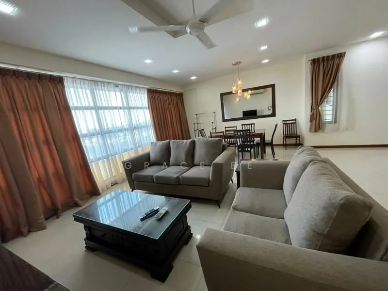Living features: 3-seater fabric sofa in grey, 2-seater fabric sofa in grey, glass coffee table, ceiling fan with light, floor-to-ceiling windows, sheer curtains, dining table with 4 chairs, decorative pendant light, tile flooring, white painted walls; style: modern; view: city.
