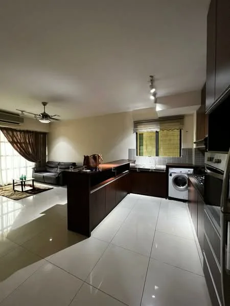 Kitchen features: white glossy tile flooring, dark wood cabinetry, stainless-steel built-in oven, stainless-steel range hood, 4-burner gas hob, single-bowl stainless-steel sink, chrome pull-down faucet, grey tiled backsplash, washing machine, recessed downlights, ceiling fan with light, open-plan layout to living area; style: modern. Living features: grey fabric sofa, coffee table, floor-to-ceiling windows, sheer curtains, area rug, wall-mounted TV, decorative plants; style: modern.