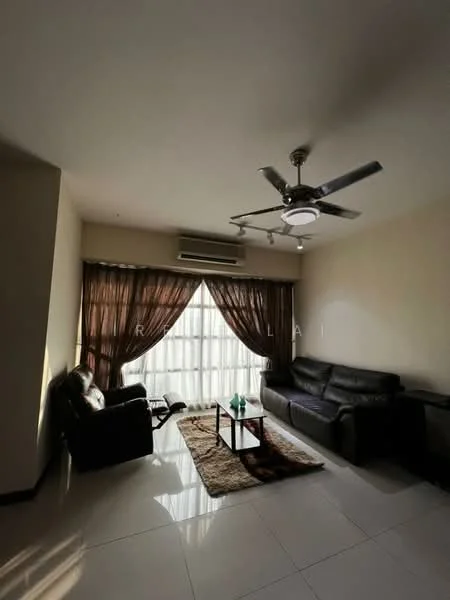 Living features: 3-seater leather sofa, 2-seater leather sofa, coffee table, area rug, 5-blade ceiling fan with light, wall-mounted split AC, floor-to-ceiling windows with sheer curtains, neutral painted walls, glossy tile flooring; style: modern.