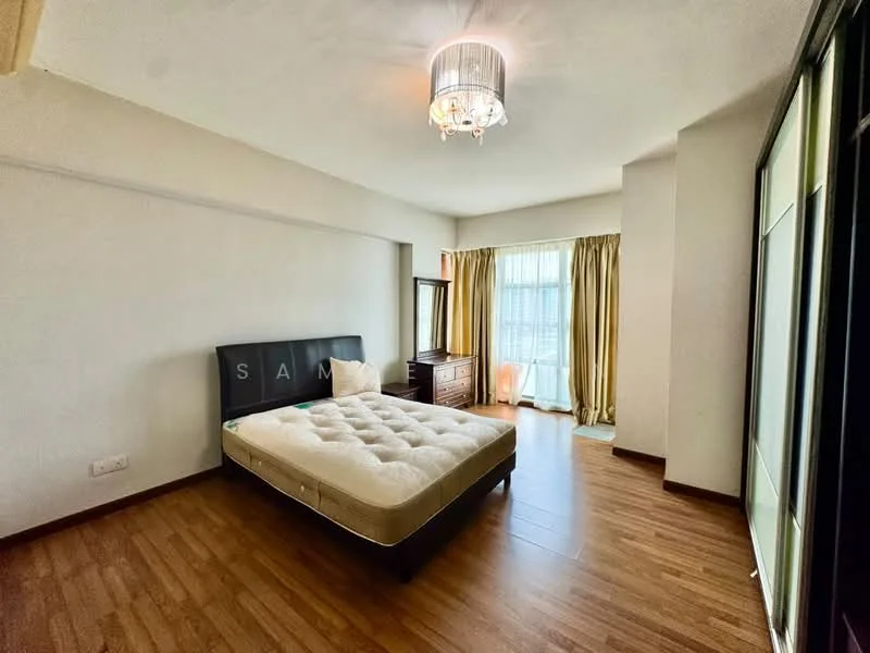 Bedroom features: queen-size bed, upholstered headboard, wooden flooring, floor-to-ceiling windows, sheer curtains, chandelier, wooden dresser, built-in wardrobe with sliding doors, decorative mirror; style: modern; view: city.