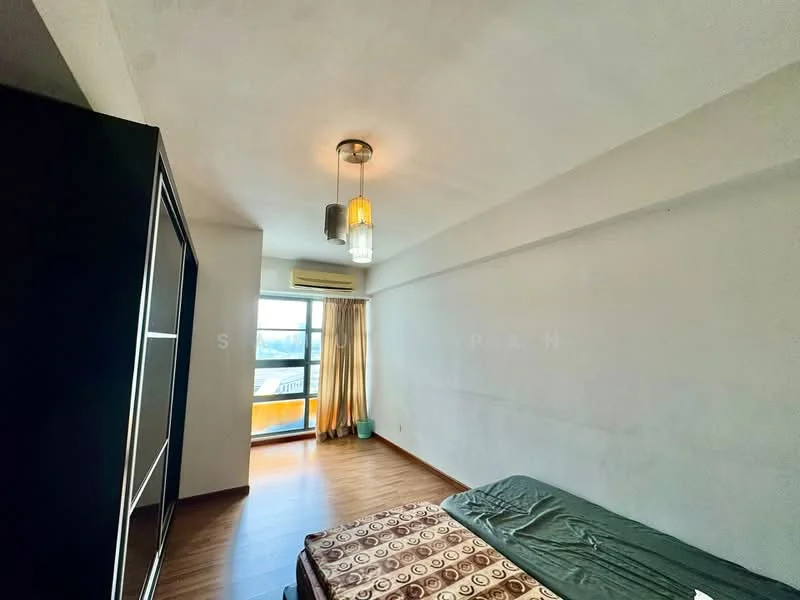 Bedroom features: wooden flooring, white painted walls, ceiling light fixture with pendant, floor-to-ceiling window, sheer curtains, built-in wardrobe with sliding doors, queen-size bed, decorative bedspread; style: modern; view: city.