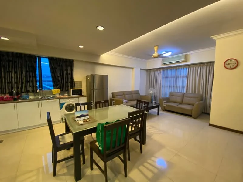 Kitchen features: white cabinetry, stainless-steel fridge, microwave, ceramic tile flooring, grey countertop, sink, window with sheer curtains, kitchen island, open shelving; style: modern. Living features: 3-seater fabric sofa in beige, 2-seater fabric sofa in beige, coffee table, wall-mounted TV, ceiling fan with light, recessed downlights, cream painted walls, large window with sheer curtains, area rug; style: modern. Dining features: 6-seater dining table, black dining chairs, ceramic tile flooring, wall clock, decorative mirror; style: modern.