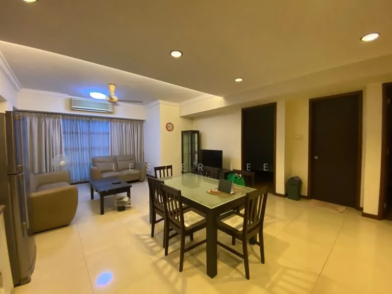 Living features: 3-seater fabric sofa in beige, 2-seater fabric sofa in beige, coffee table, TV console, wall-mounted TV, area rug, ceiling fan with light, floor-to-ceiling windows with sheer curtains, marble tile flooring, recessed downlights, dining table with 6 chairs, refrigerator; style: modern.