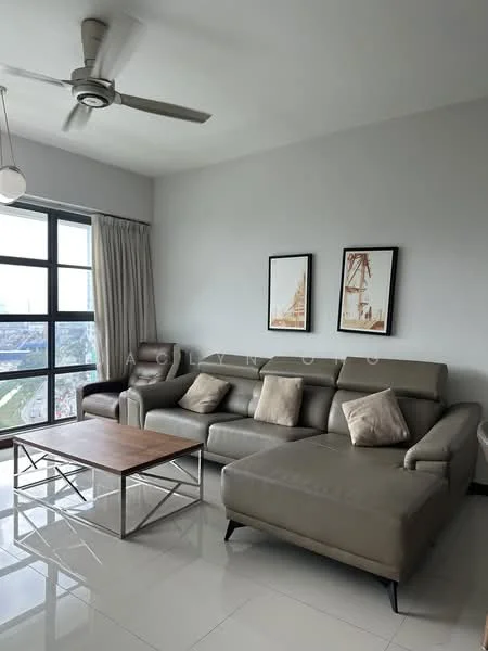 Living features: 3-seater leather sofa in grey, 2-seater leather sofa in beige, coffee table with wooden top and metal legs, floor-to-ceiling windows, sheer curtains, ceiling fan with light, decorative wall art, glossy tile flooring, neutral painted walls; style: modern; view: city.