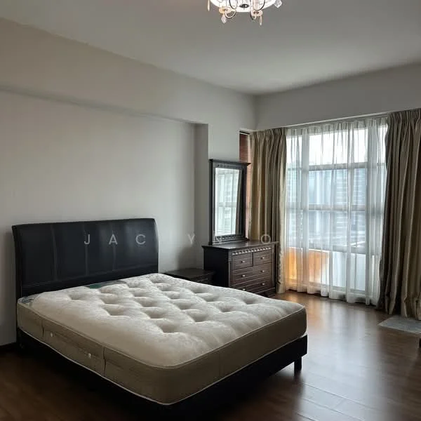 Bedroom features: queen-size bed, upholstered headboard, wooden bedside table, dressing table with mirror, floor-to-ceiling windows, sheer curtains, dark wood flooring, chandelier; style: modern.