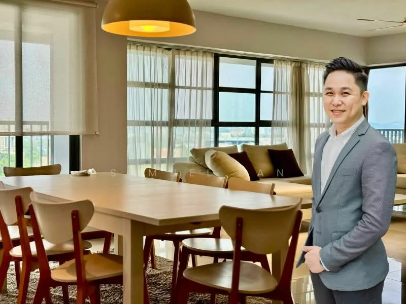 Dining features: wooden dining table, 6 wooden dining chairs, pendant light fixture, area rug, floor-to-ceiling windows, sheer curtains, city view, neutral wall color, light-colored flooring; style: modern; view: city. Living features: sofa, coffee table, floor-to-ceiling windows, sheer curtains, neutral wall color, light-colored flooring; style: modern; view: city.