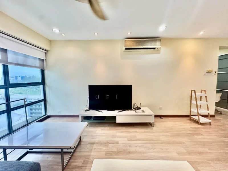 Living features: light wood flooring, cream painted walls, floor-to-ceiling windows, wall-mounted TV, white TV console, ceiling fan, recessed downlights, air conditioning unit, decorative ladder, open layout; style: modern; view: city.